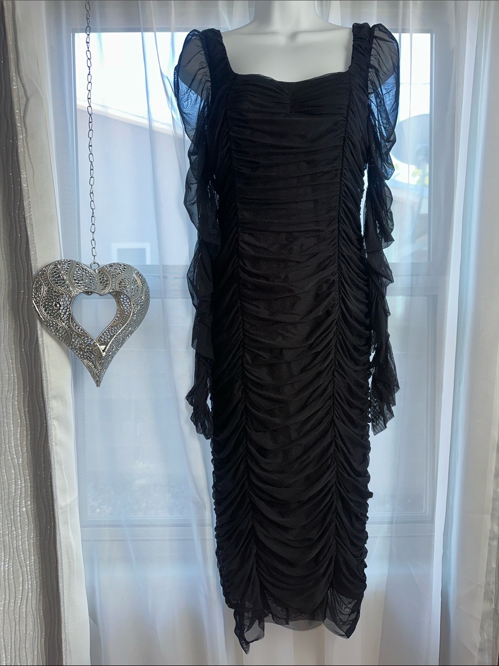 Fashion Nova Black Ruched Midi Dress with Sheer Ruffle Sleeves